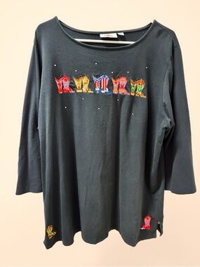 Quacker Factory Black Long Sleeve Tee with Embroidered Beaded Sequins. 1X